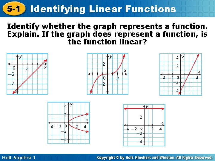 5 -1 Identifying Linear Functions Identify whether the graph represents a function. Explain. If 5 -1 Identifying Linear Functions Identify whether the graph represents a function. Explain. If