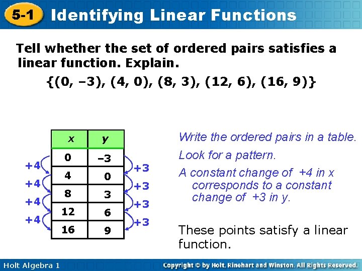 5 -1 Identifying Linear Functions Tell whether the set of ordered pairs satisfies a