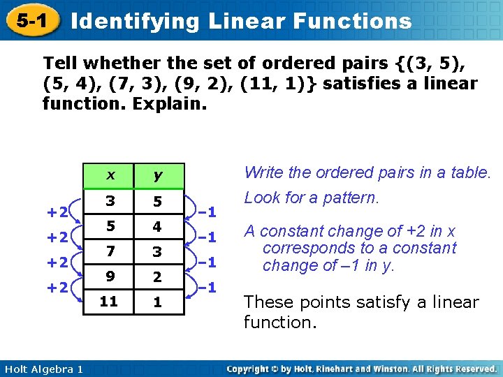 5 -1 Identifying Linear Functions Tell whether the set of ordered pairs {(3, 5),