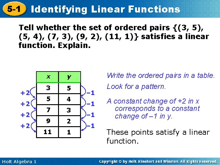 5 -1 Identifying Linear Functions Tell whether the set of ordered pairs {(3, 5), 5 -1 Identifying Linear Functions Tell whether the set of ordered pairs {(3, 5),