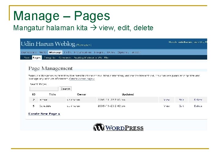 Manage – Pages Mangatur halaman kita view, edit, delete 