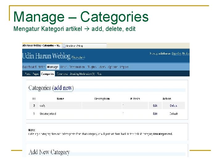 Manage – Categories Mengatur Kategori artikel add, delete, edit 