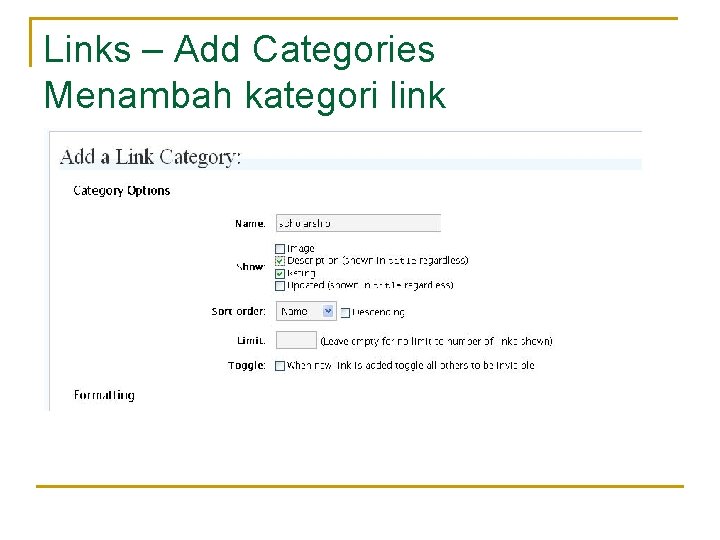 Links – Add Categories Menambah kategori link 