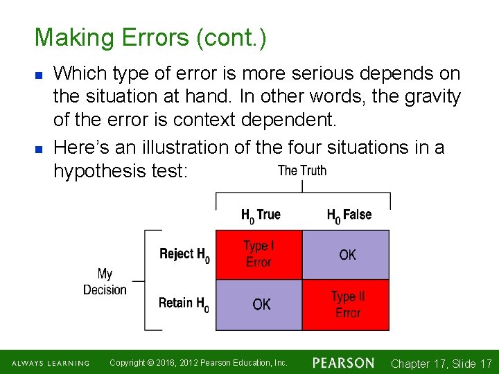 Making Errors (cont. ) n n Which type of error is more serious depends
