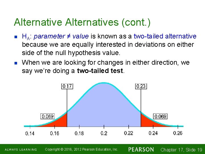Alternatives (cont. ) n n HA: parameter ≠ value is known as a two-tailed