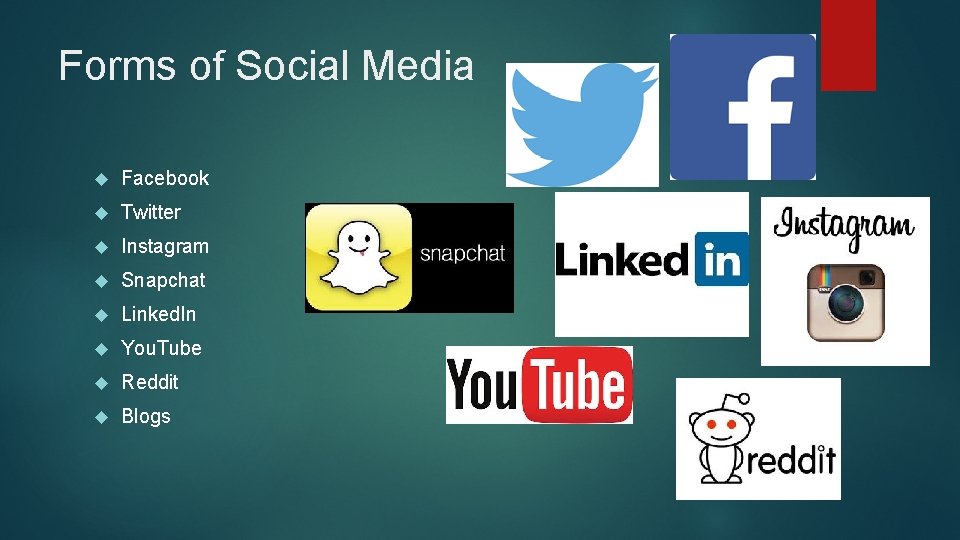 Forms of Social Media Facebook Twitter Instagram Snapchat Linked. In You. Tube Reddit Blogs