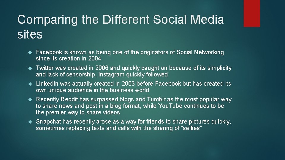 Comparing the Different Social Media sites Facebook is known as being one of the