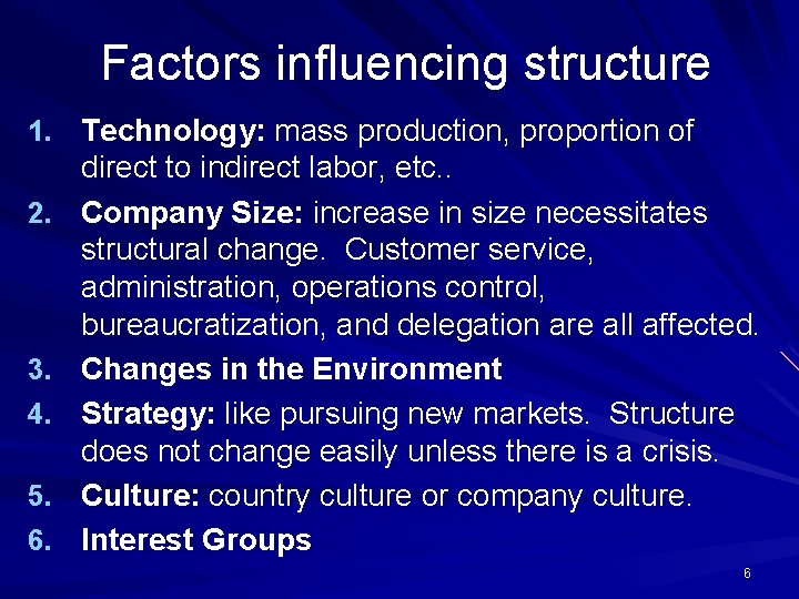 Factors influencing structure 1. Technology: mass production, proportion of 2. 3. 4. 5. 6.