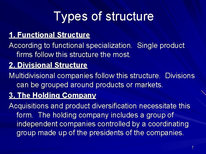Types of structure 1. Functional Structure According to functional specialization. Single product firms follow