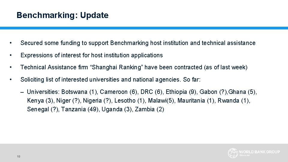 Benchmarking: Update • Secured some funding to support Benchmarking host institution and technical assistance