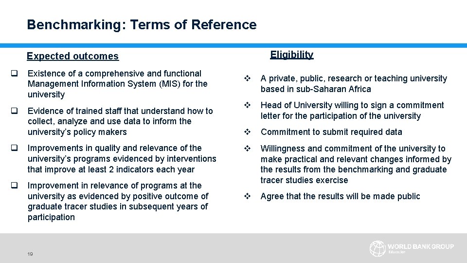 Benchmarking: Terms of Reference Eligibility Expected outcomes q Existence of a comprehensive and functional