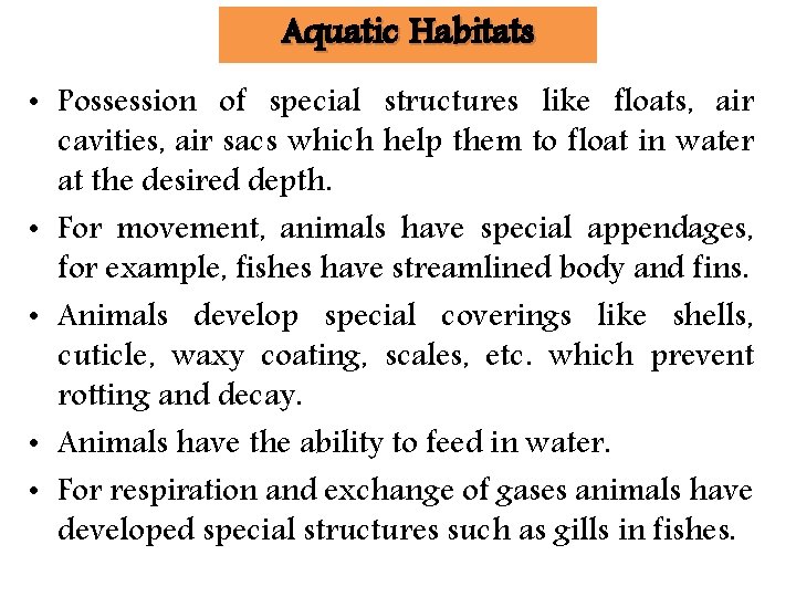 Aquatic Habitats • Possession of special structures like floats, air cavities, air sacs which