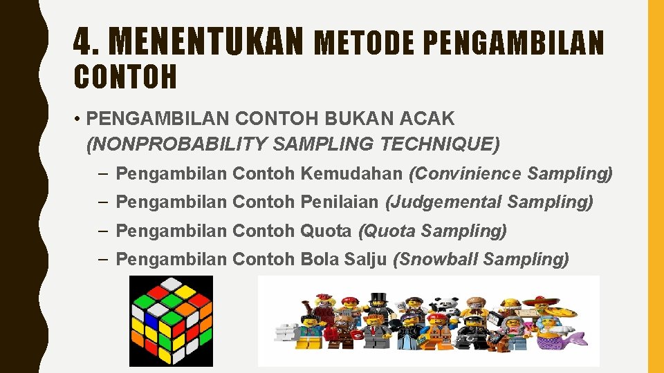 4. MENENTUKAN METODE PENGAMBILAN CONTOH • PENGAMBILAN CONTOH BUKAN ACAK (NONPROBABILITY SAMPLING TECHNIQUE) –