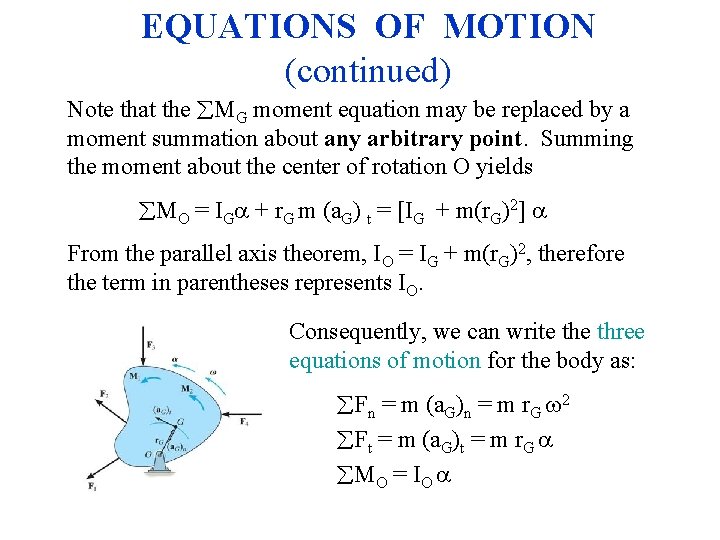 EQUATIONS OF MOTION (continued) Note that the MG moment equation may be replaced by