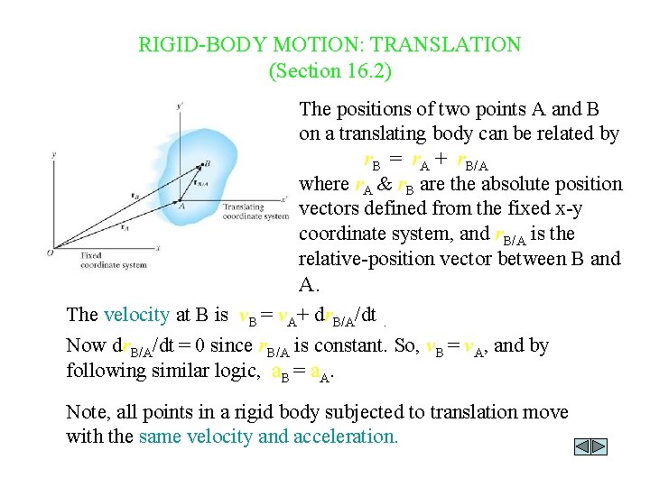 RIGID-BODY MOTION: TRANSLATION (Section 16. 2) The positions of two points A and B