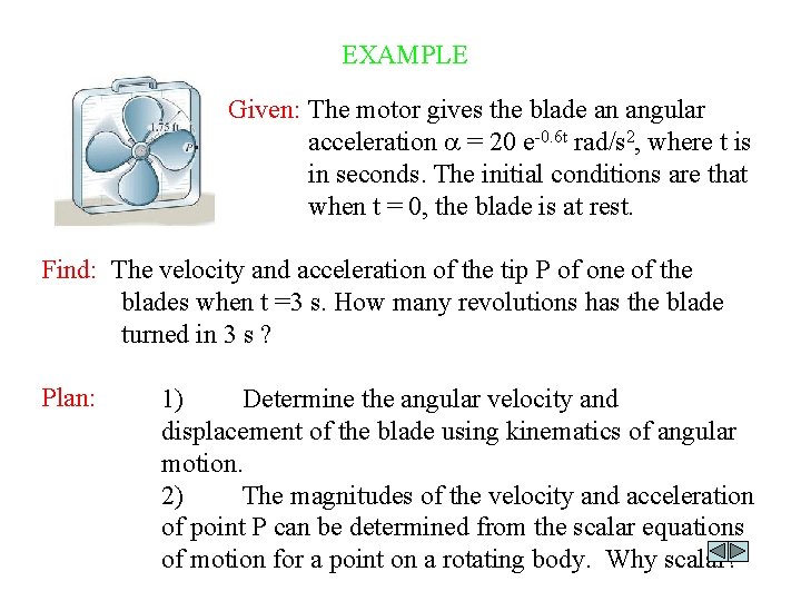 EXAMPLE Given: The motor gives the blade an angular acceleration = 20 e-0. 6