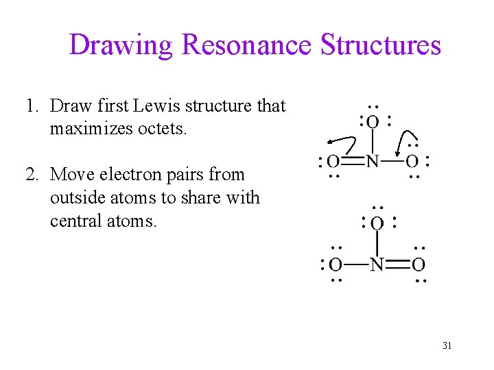 Drawing Resonance Structures 1. Draw first Lewis structure that maximizes octets. 2. Move electron