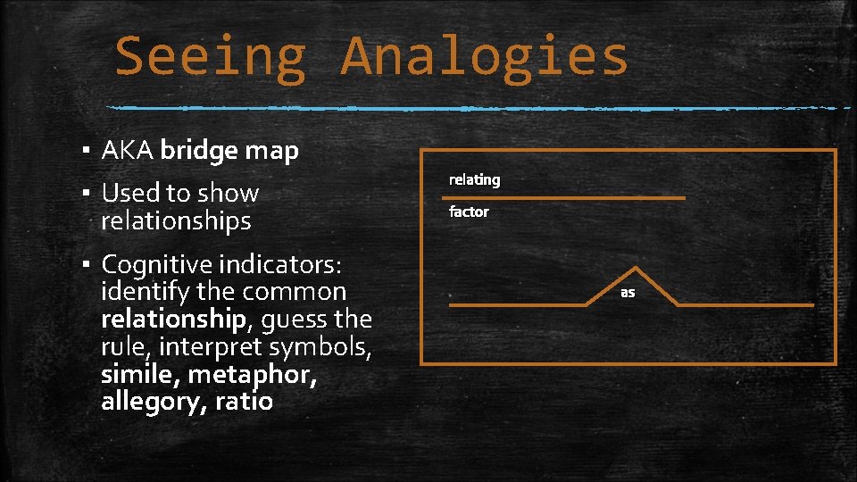 Seeing Analogies ▪ AKA bridge map ▪ Used to show relationships ▪ Cognitive indicators:
