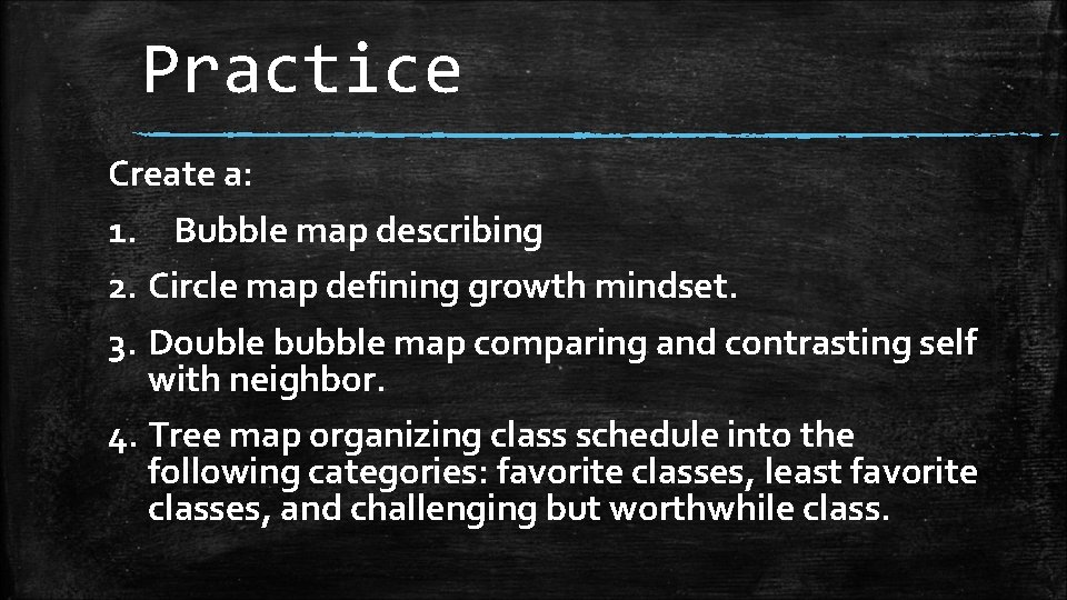Practice Create a: 1. Bubble map describing 2. Circle map defining growth mindset. 3.