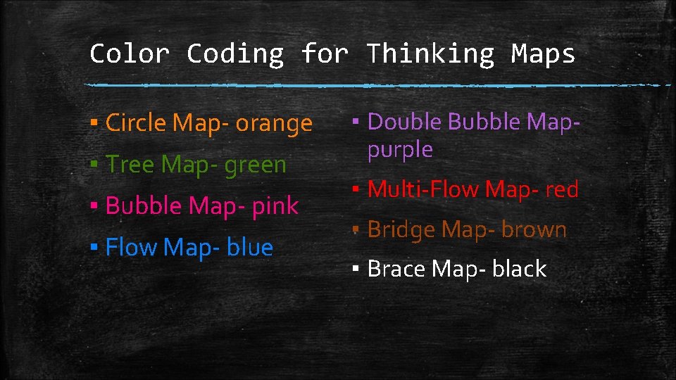 Color Coding for Thinking Maps ▪ Circle Map- orange ▪ Tree Map- green ▪