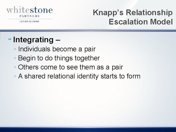 Knapp’s Relationship Escalation Model Integrating – ◦ Individuals become a pair ◦ Begin to