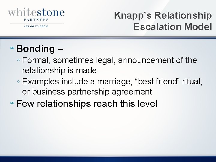 Knapp’s Relationship Escalation Model Bonding – ◦ Formal, sometimes legal, announcement of the relationship