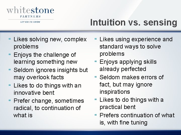 Intuition vs. sensing Likes solving new, complex problems Enjoys the challenge of learning something