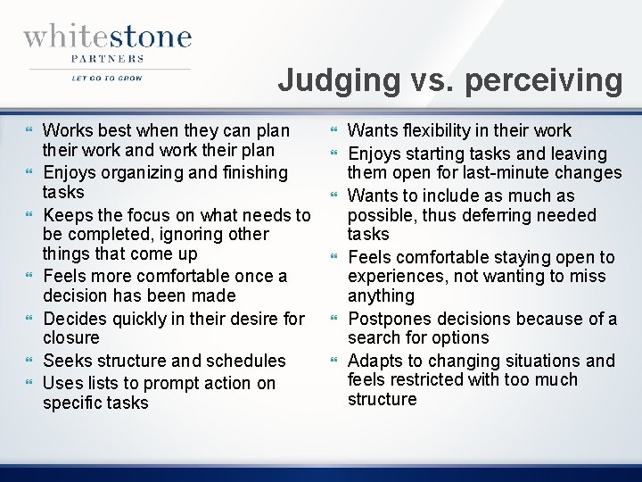 Judging vs. perceiving Works best when they can plan their work and work their