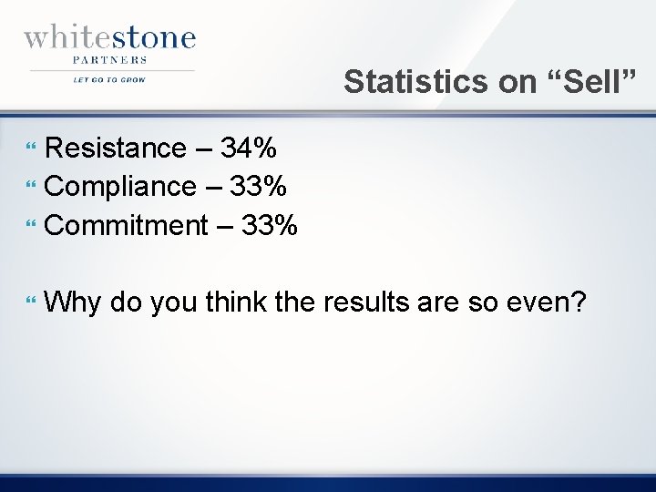 Statistics on “Sell” Resistance – 34% Compliance – 33% Commitment – 33% Why do