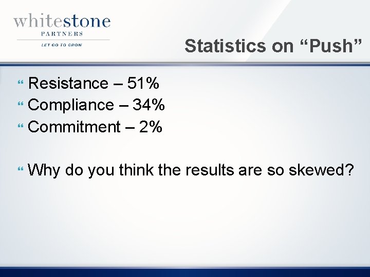 Statistics on “Push” Resistance – 51% Compliance – 34% Commitment – 2% Why do