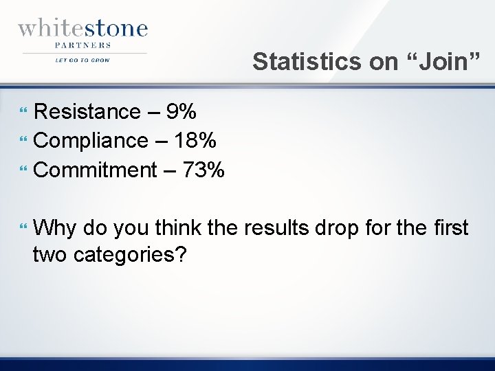 Statistics on “Join” Resistance – 9% Compliance – 18% Commitment – 73% Why do