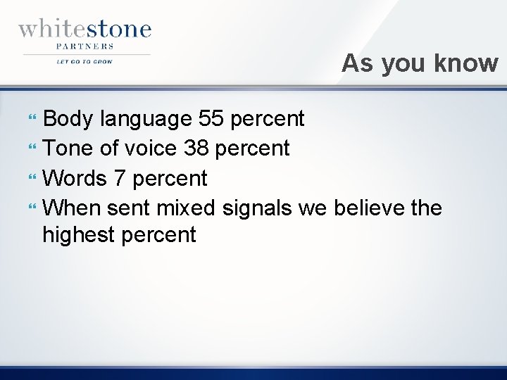 As you know Body language 55 percent Tone of voice 38 percent Words 7