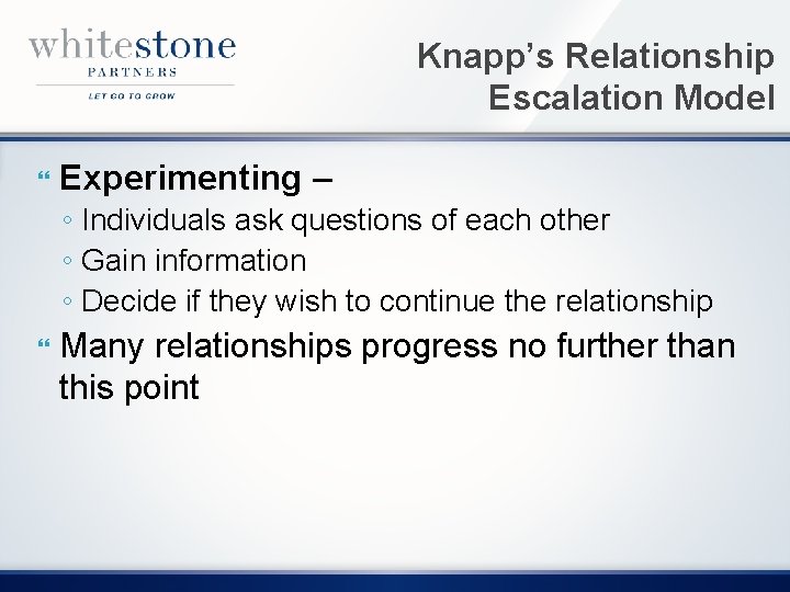 Knapp’s Relationship Escalation Model Experimenting – ◦ Individuals ask questions of each other ◦