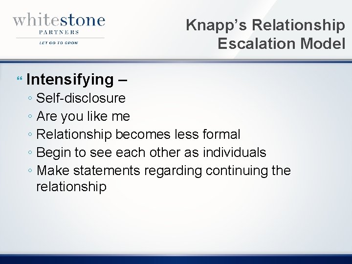 Knapp’s Relationship Escalation Model Intensifying – ◦ Self-disclosure ◦ Are you like me ◦