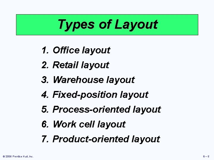 Types of Layout 1. Office layout 2. Retail layout 3. Warehouse layout 4. Fixed-position