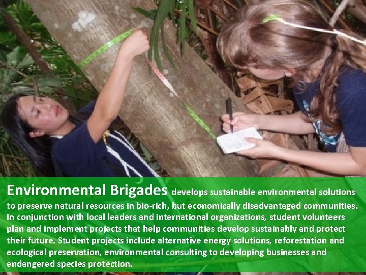 Environmental Brigades develops sustainable environmental solutions to preserve natural resources in bio-rich, but economically