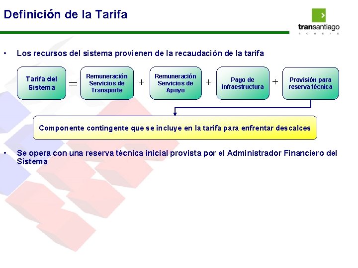 Definición de la Tarifa • Los recursos del sistema provienen de la recaudación de