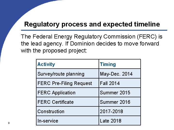 Regulatory process and expected timeline The Federal Energy Regulatory Commission (FERC) is the lead