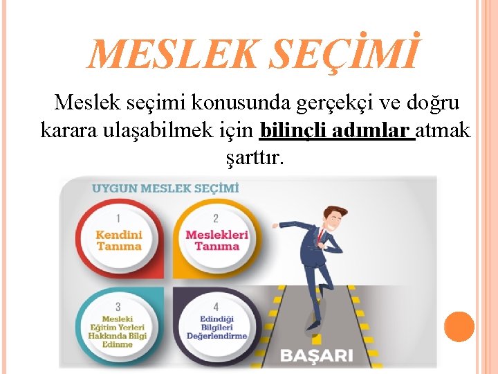 MESLEK SEÇİMİ Meslek seçimi konusunda gerçekçi ve doğru karara ulaşabilmek için bilinçli adımlar atmak