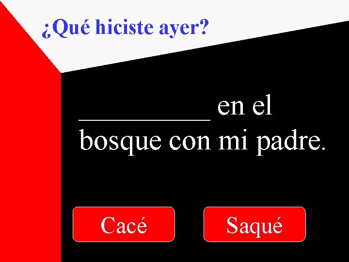 ¿Qué hiciste ayer? _____ en el bosque con mi padre. Cacé Saqué 