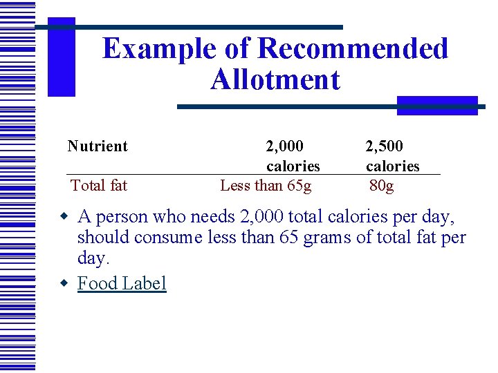 Example of Recommended Allotment Nutrient Total fat 2, 000 calories Less than 65 g