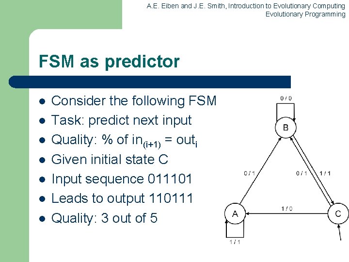 A. E. Eiben and J. E. Smith, Introduction to Evolutionary Computing Evolutionary Programming FSM A. E. Eiben and J. E. Smith, Introduction to Evolutionary Computing Evolutionary Programming FSM