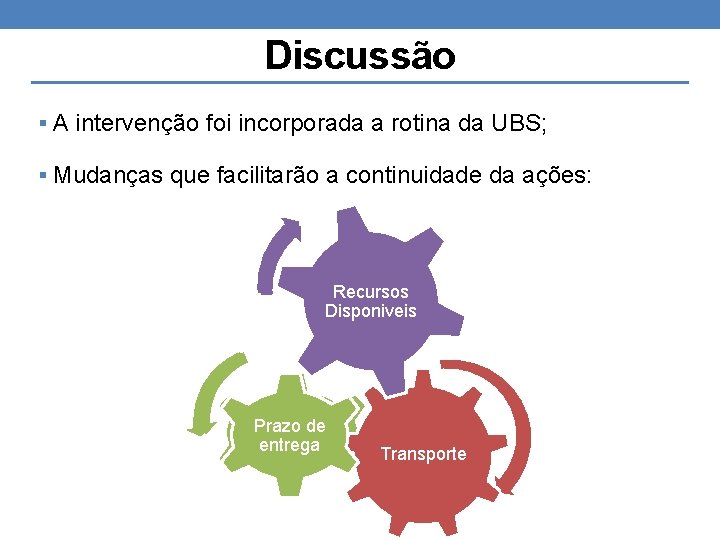 Discussão § A intervenção foi incorporada a rotina da UBS; § Mudanças que facilitarão