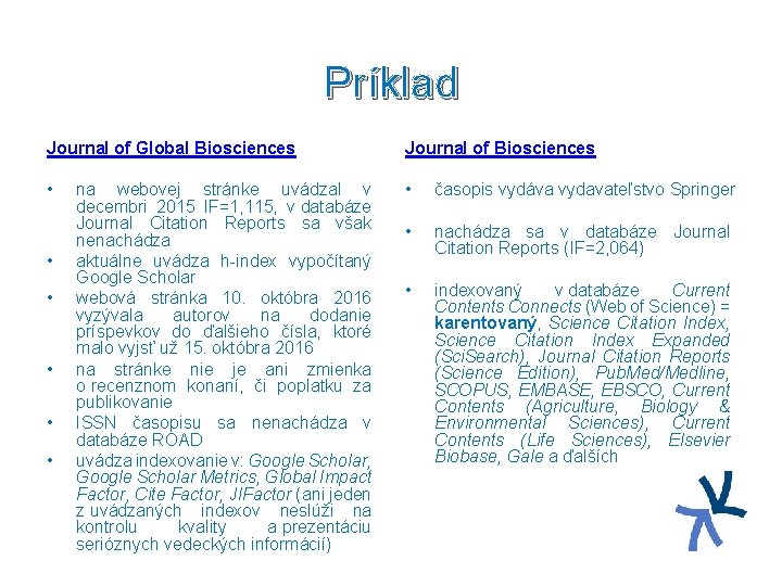 Príklad Journal of Global Biosciences Journal of Biosciences • • časopis vydáva vydavateľstvo Springer