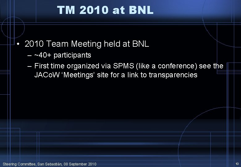 TM 2010 at BNL • 2010 Team Meeting held at BNL – ~40+ participants