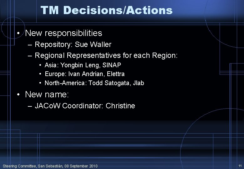 TM Decisions/Actions • New responsibilities – Repository: Sue Waller – Regional Representatives for each