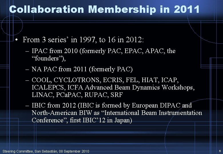 Collaboration Membership in 2011 • From 3 series’ in 1997, to 16 in 2012: