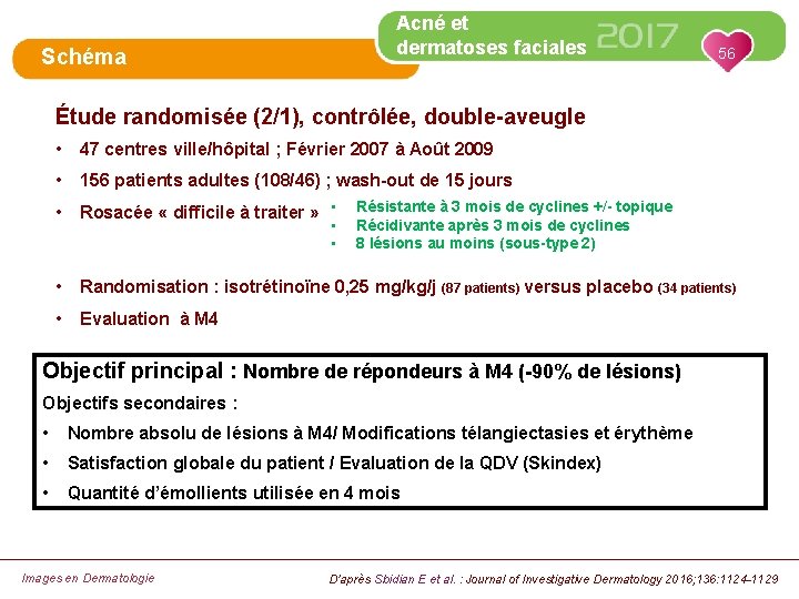 Acné et dermatoses faciales Schéma 56 Étude randomisée (2/1), contrôlée, double-aveugle • 47 centres