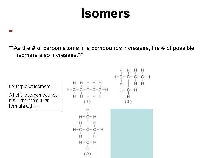 Isomers = **As the # of carbon atoms in a compounds increases, the #