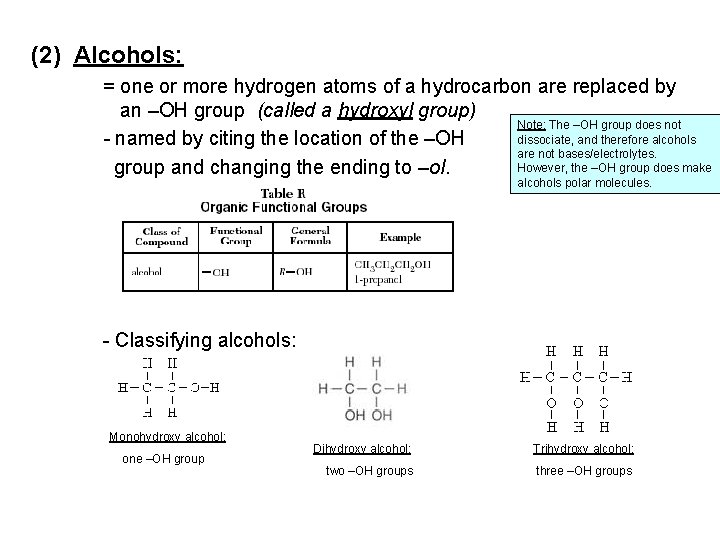 (2) Alcohols: = one or more hydrogen atoms of a hydrocarbon are replaced by